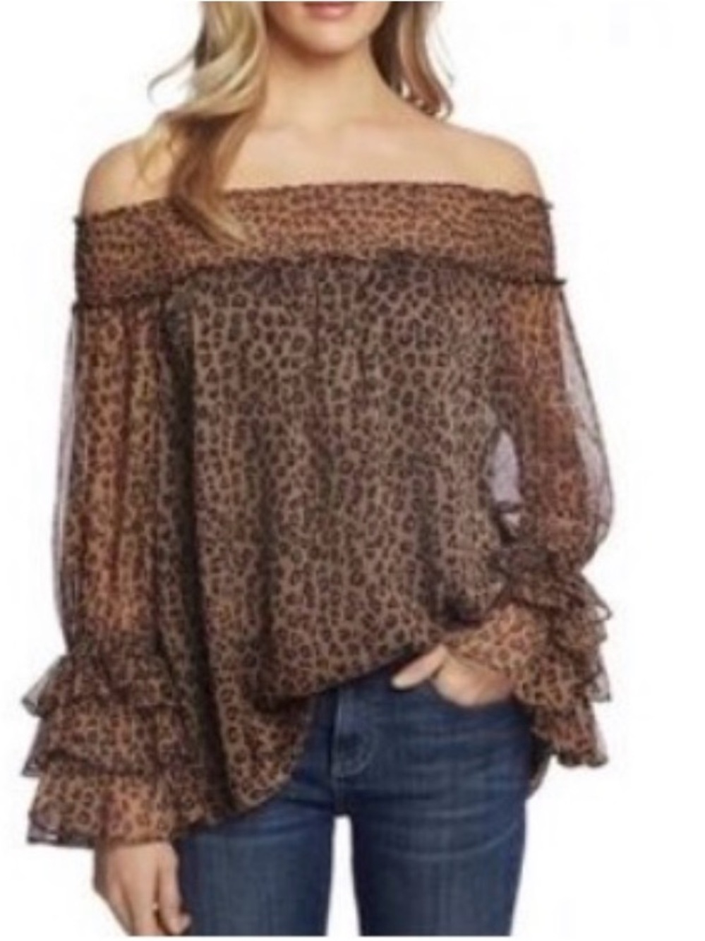CeCe Beige and Black Leopard Smocked Off-Shoulder Top